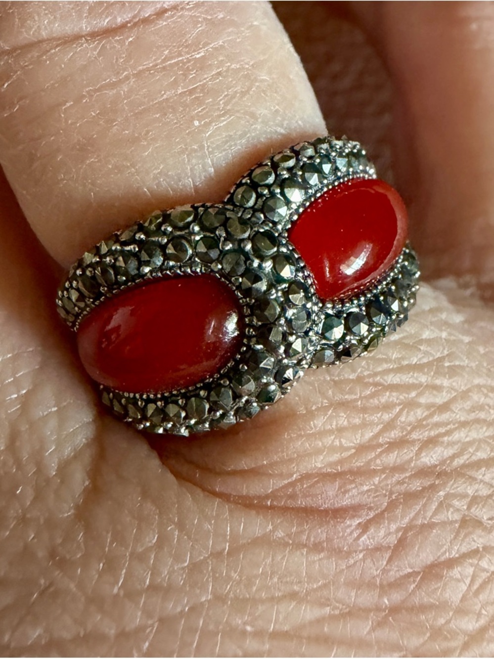 Red Cabochon Double-Stone Silver Ring